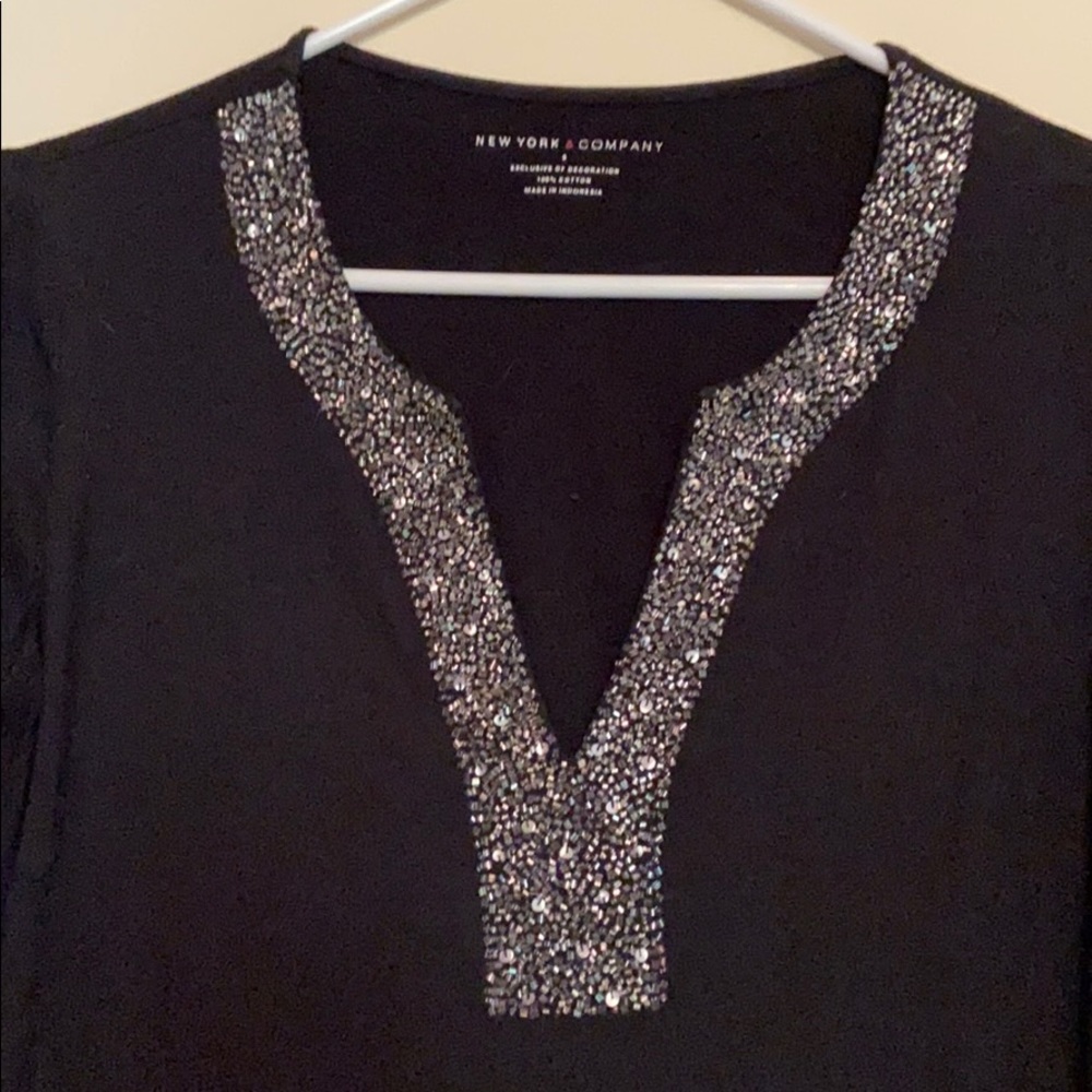 V neck black blouse with silver beading